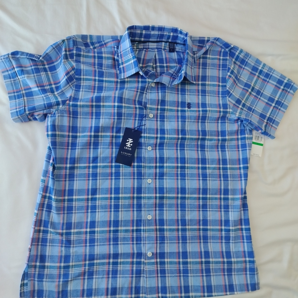 IZOD Madras Linen Button Shirt Men's Large NEW Blue Plaid